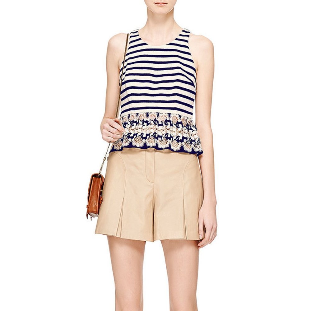 THAKOON Ivory Blue Striped Eyelet Peplum Tank Top